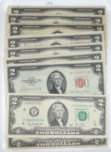 7 Red Seal $2 Notes. 2 1976 $2 Notes.