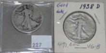 1916-D, 1938-D Walking Liberty Half Dollars.