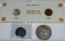 1922-D Peace Dollar UNC. 1955-S Cent & Dime. Roman