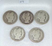 5 Barber Half Dollars: 1900-O, 1901, 1903, 1906,