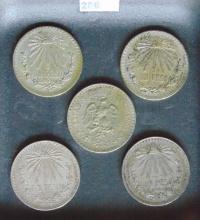 5 Mexico Silver Pesos: 1924, 1925, 1934, 1943,