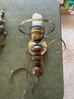 Vintage floral electrified hurricane table lamp wicker basket with lid, etc.......