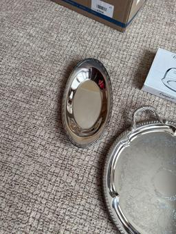 4 silver plated candy dish with folding carrying handle, misc. trays and platters....Shipping