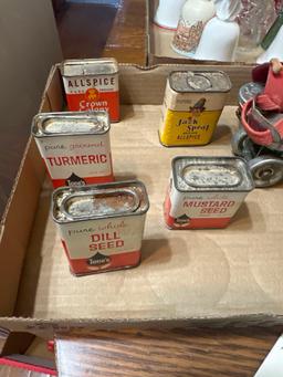 Cast iron match box holder, roller skates, misc. spice tins, Pan Am battery operated plane (not sure