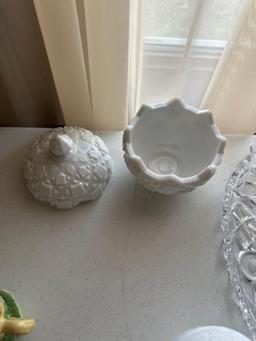 Various shapes of glass servers, milk glass candy dishes with lids.......Shipping