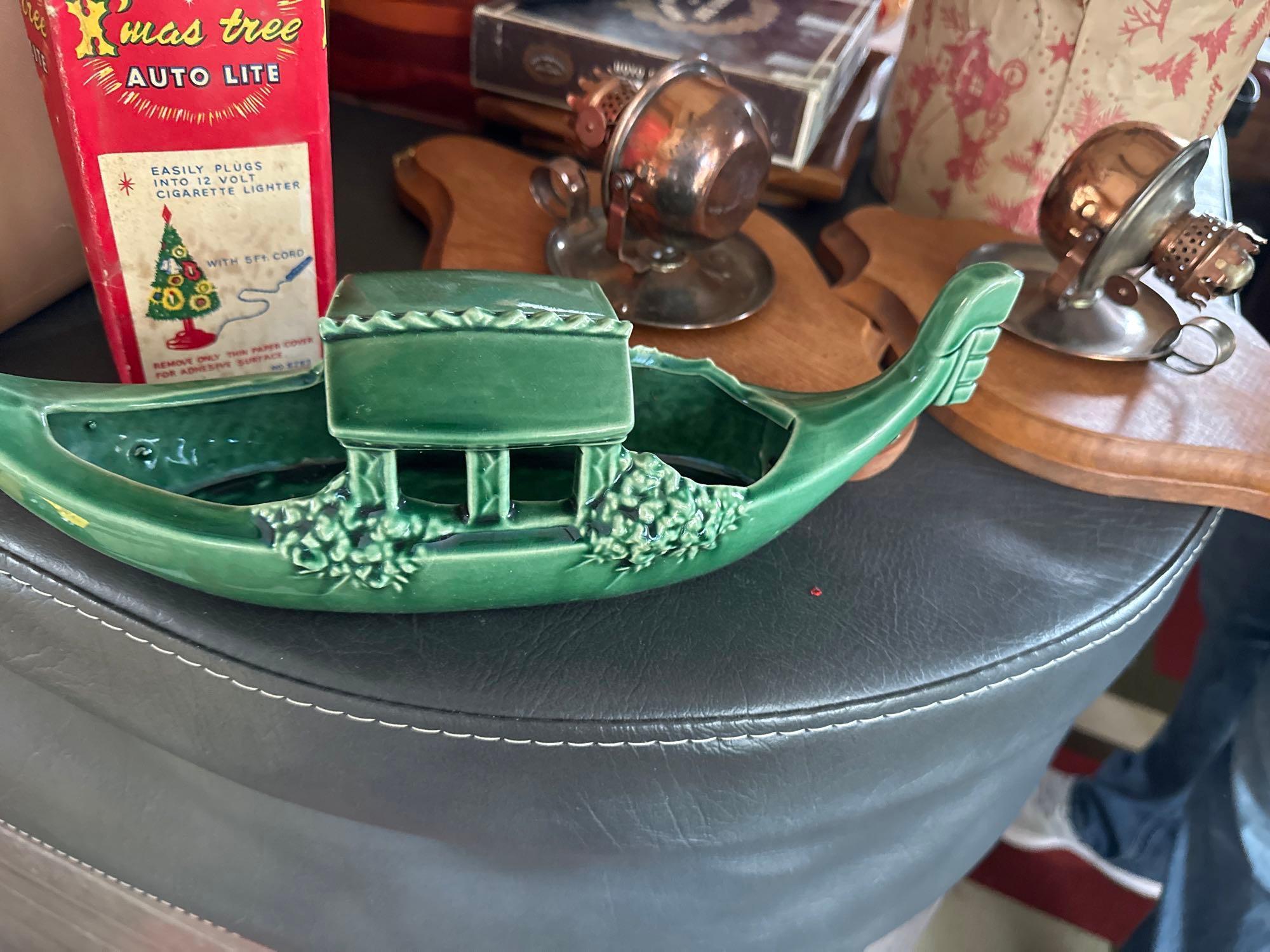 Auto light christmas tree, McCoy boat shaped planter, wooden spools, glass planter peanut jar (no