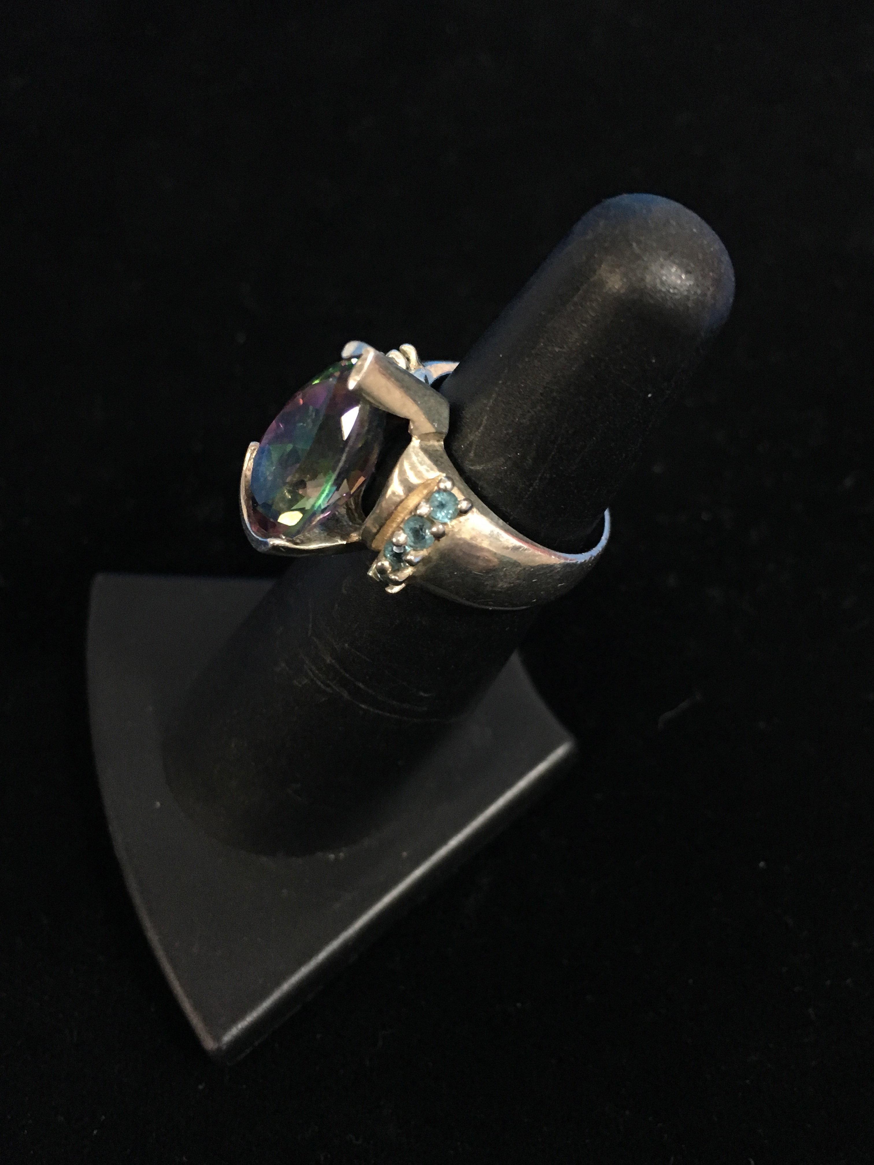 Designer Mystic Fire & Blue Topaz Sterling Silver Ring - Size 4.75
