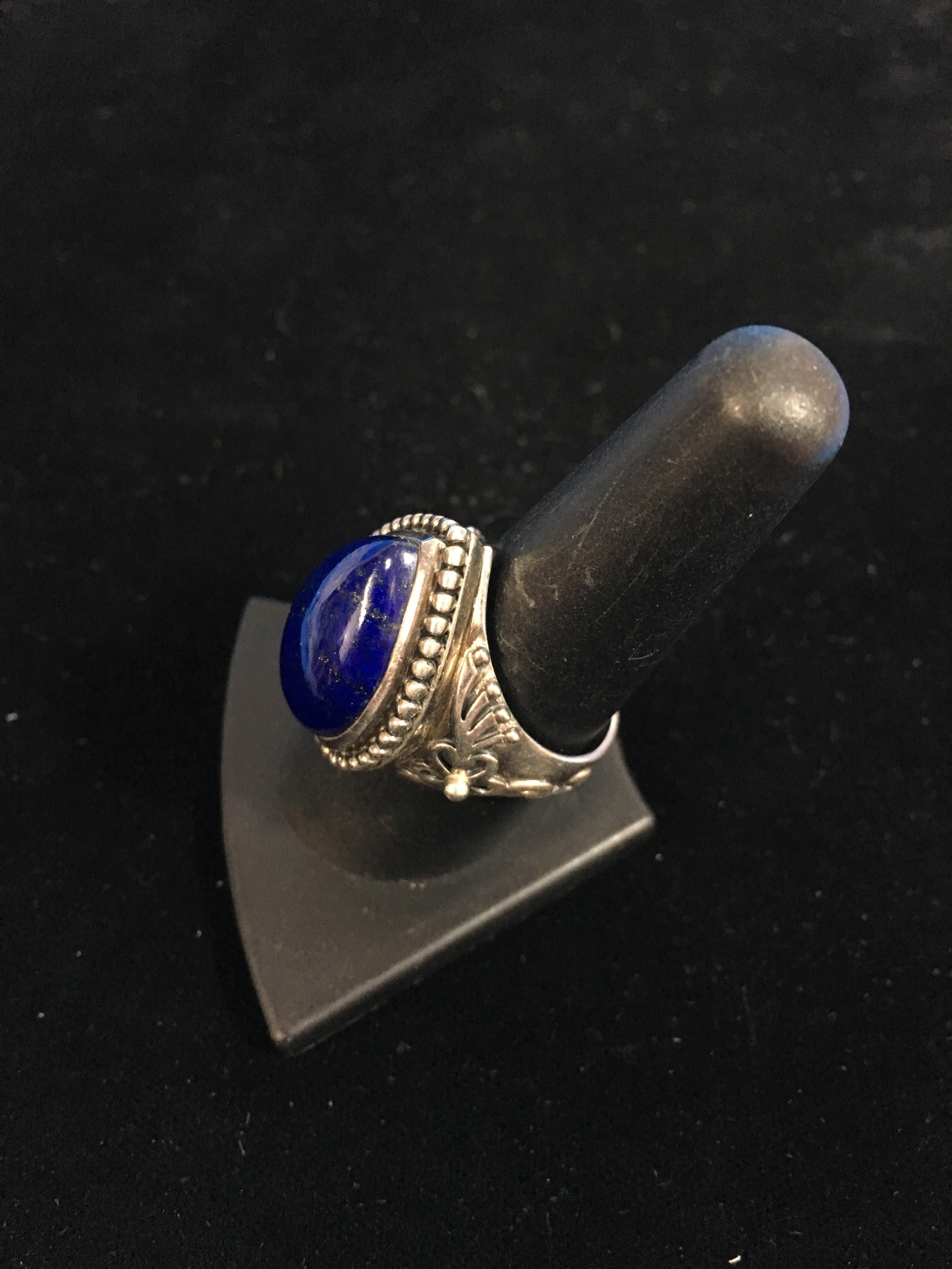 India Bali Style Sterling Silver & Blue Lapis Tear Drop Ring - Size 9