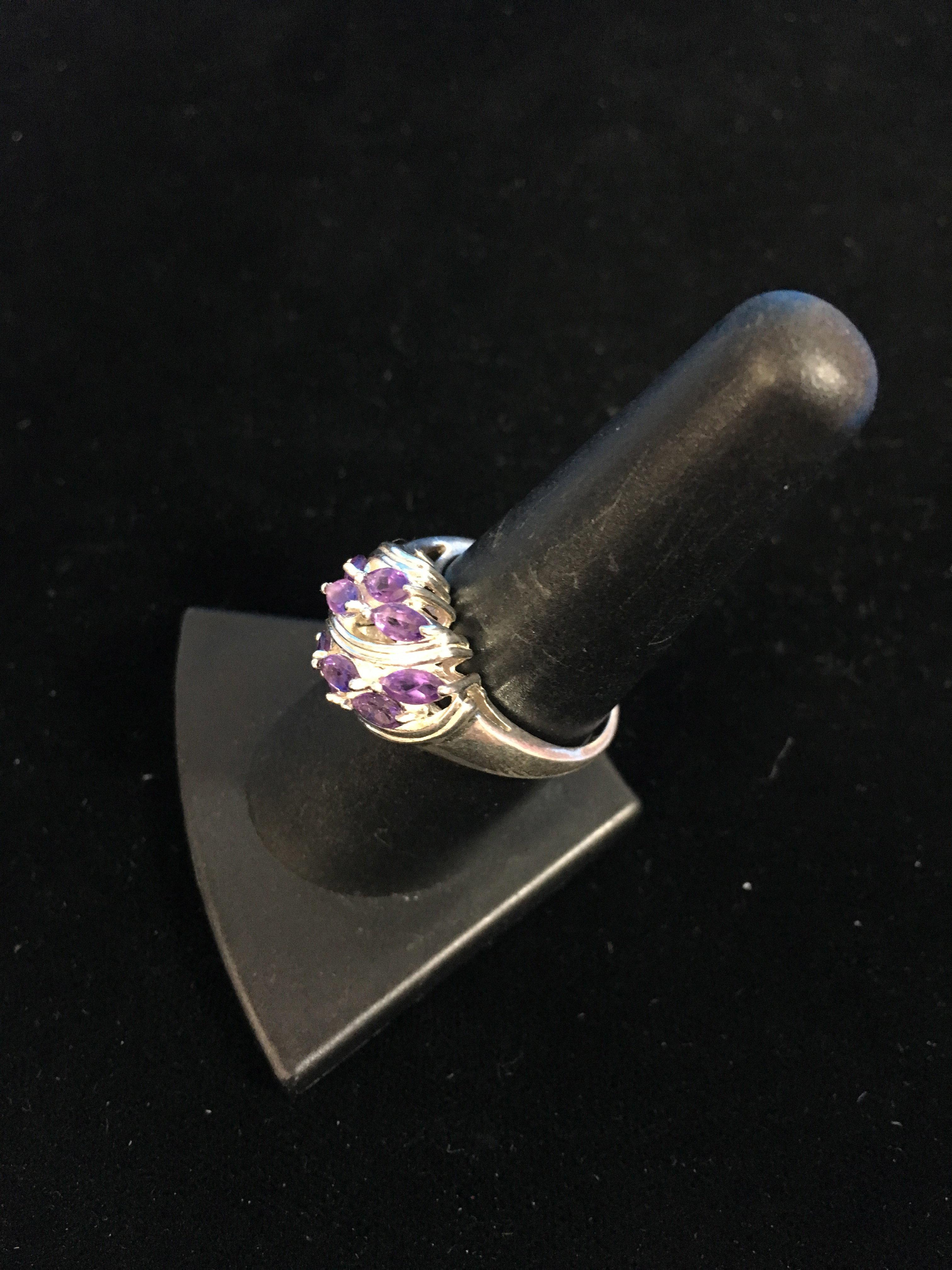Sterling Silver & Amethyst Cluster Ring - Size 8