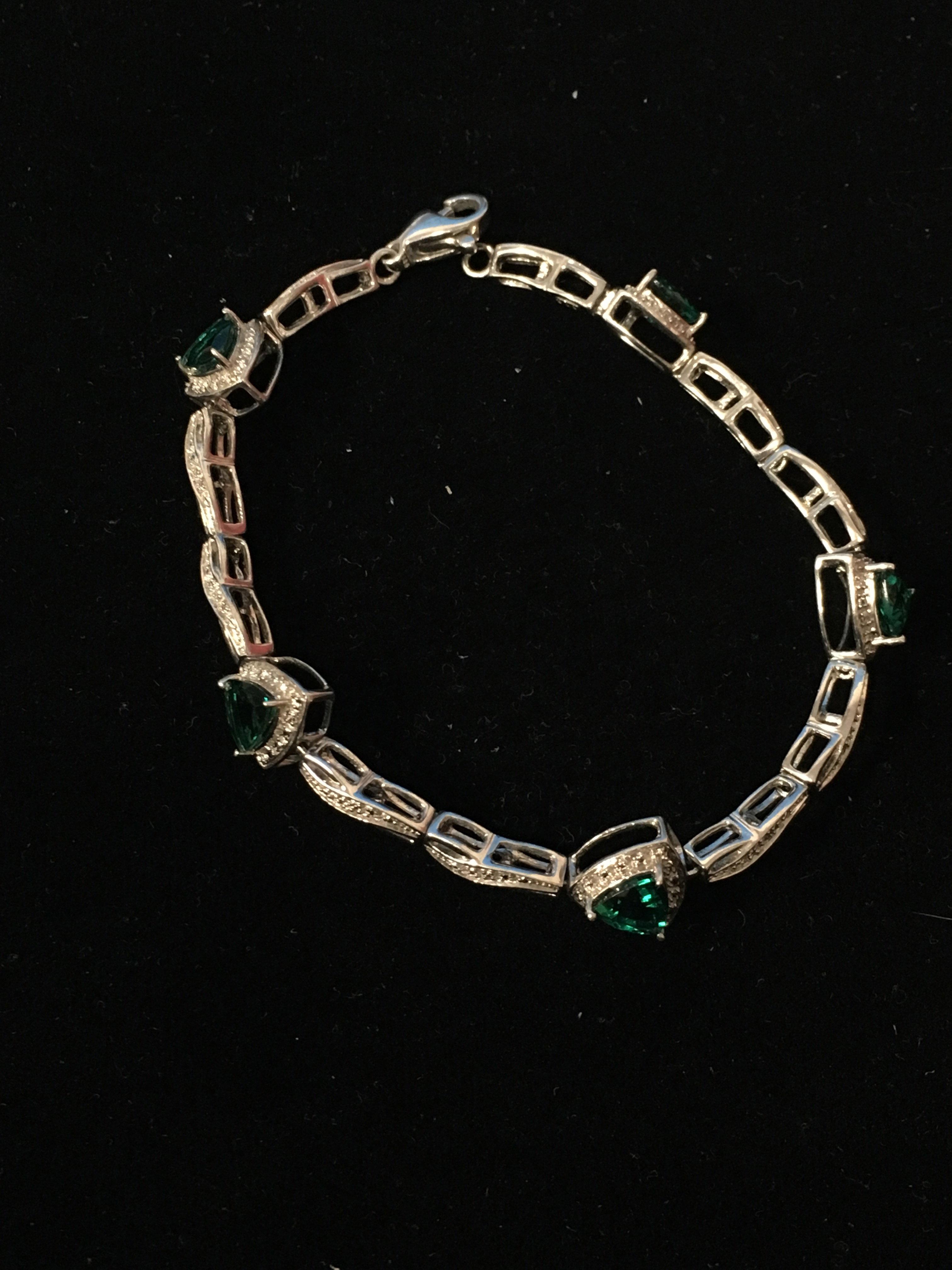 JWBR Emerald & Diamond 7.25" Sterling Silver Tennis Bracelet