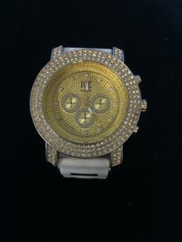 Ice Nation Gold and White Tone Blinged Out Men's Watch with White Band - RUNNING