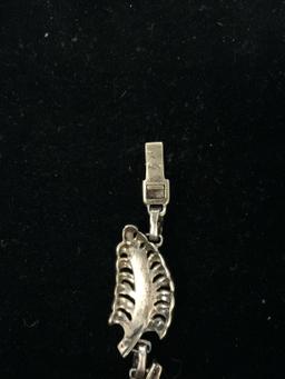 7.5" Sterling Silver & Marcasite Leaf Chain Bracelet - 18 Grams