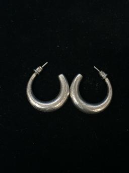 Etched Puffy Sterling Silver 3/4 Hoop Earrings