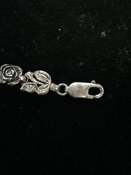 Carved Sterling Silver Floral 6.5" Chain Bracelet