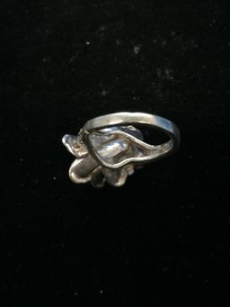 Modernist Sterling Silver & Pearl Ring - Size 5.5