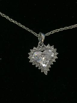 Sterling Silver CZ Heart Pendant W/ 18" Sterling Necklace