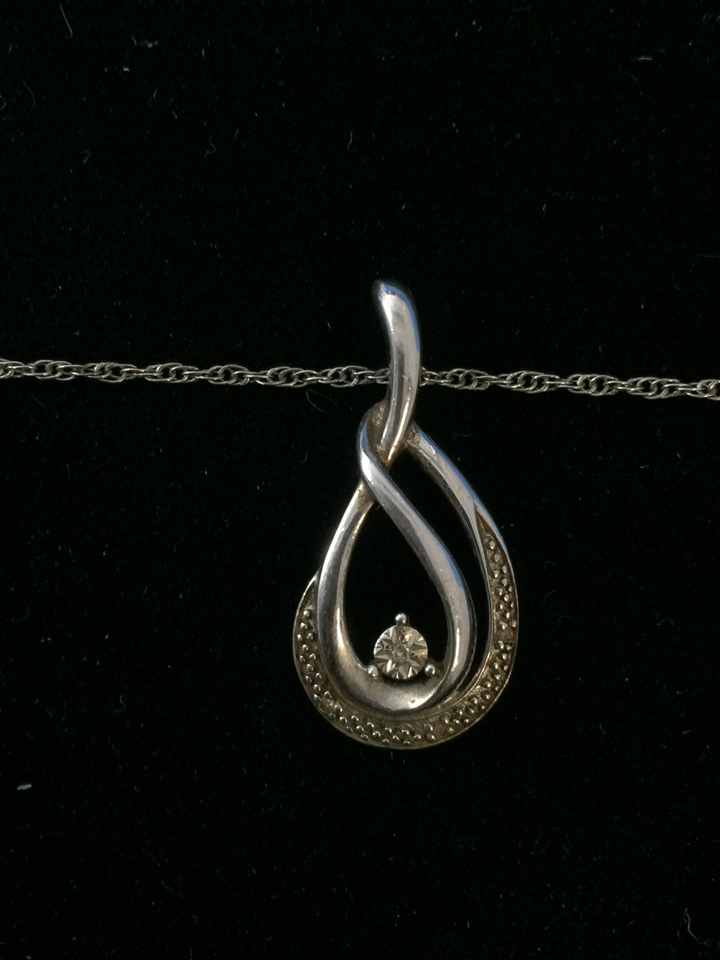 Diamond Swirl Sterling Silver Pendant W/ 18" Sterling Silver Necklace