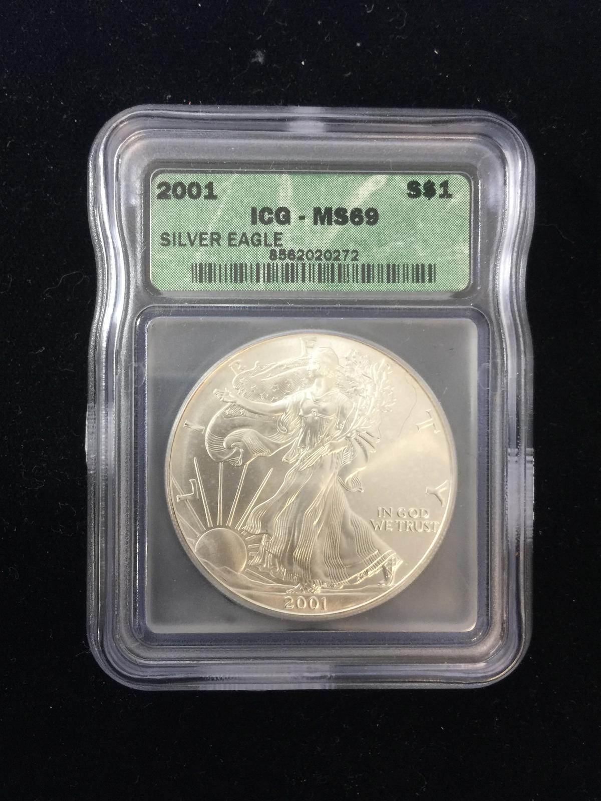 2001 ICG MS69 RARE American Silver Eagle 1 Ounce .999 Fine Silver Bullion Coin