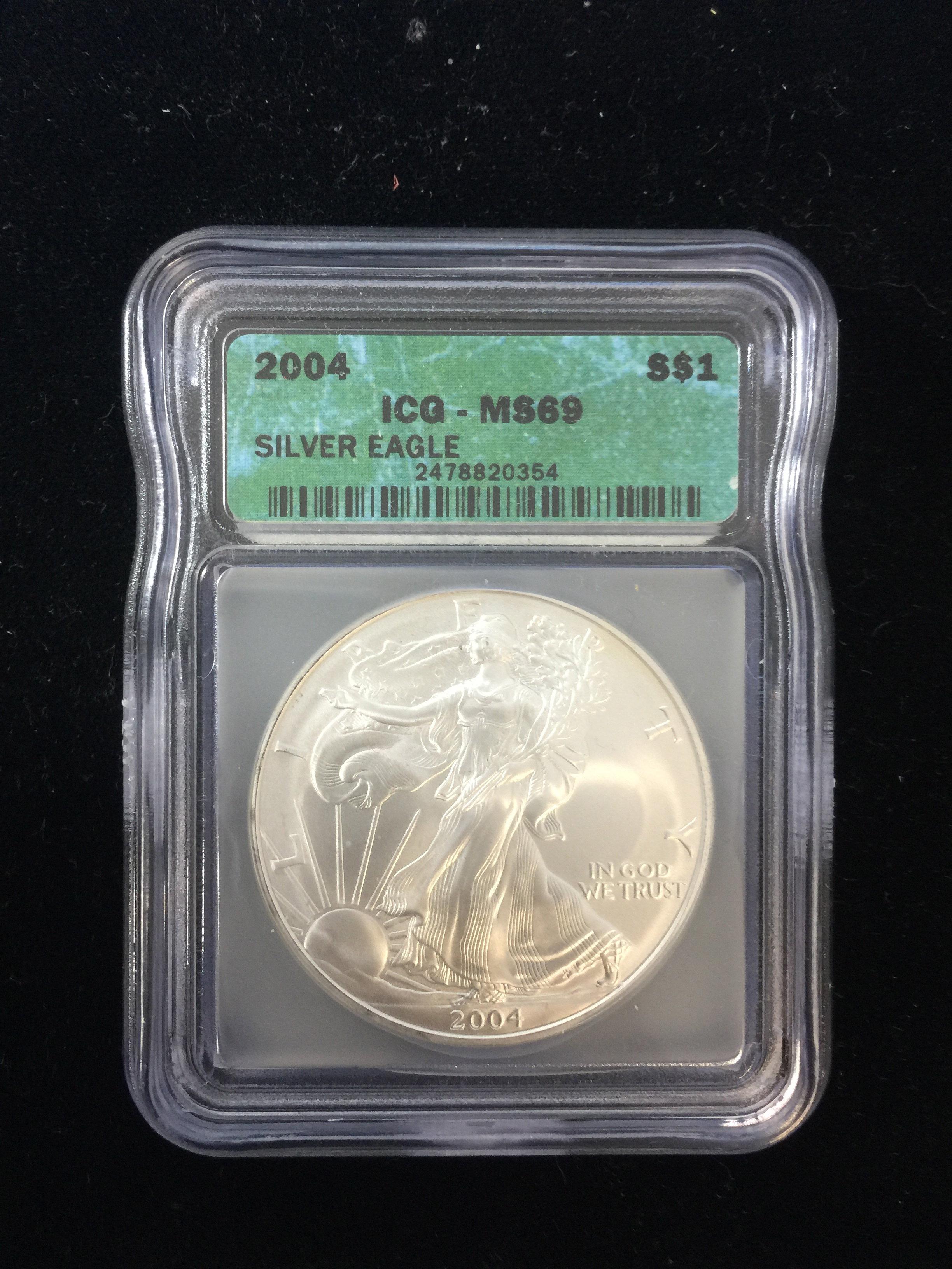 2004 ICG MS69 RARE American Silver Eagle 1 Ounce .999 Fine Silver Bullion Coin