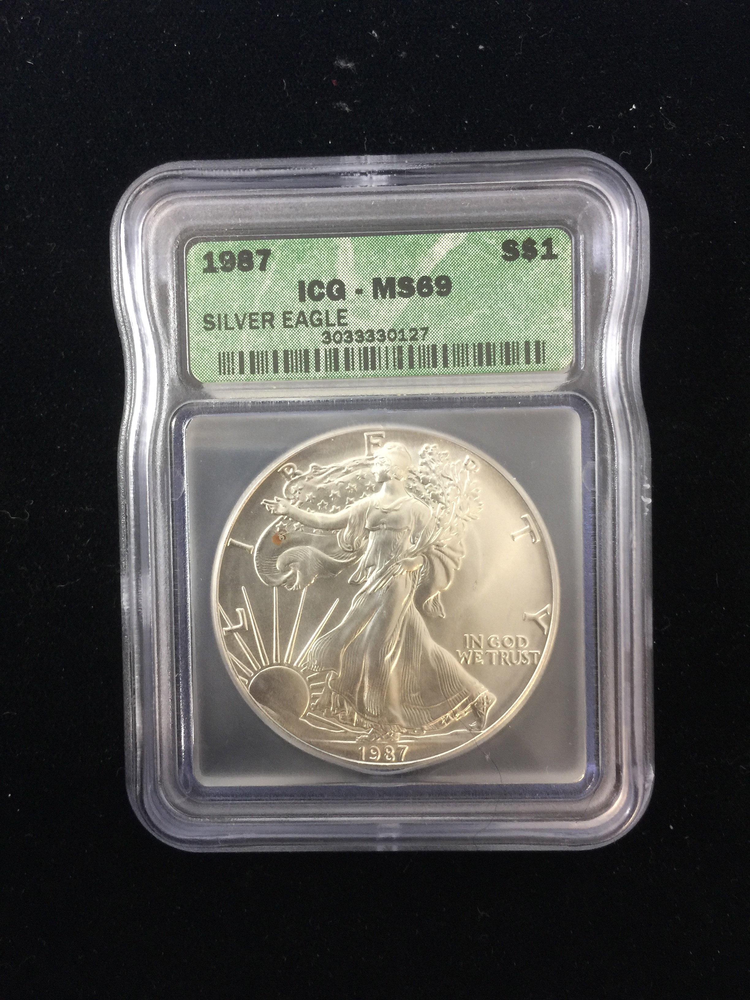 1987 ICG MS69 RARE American Silver Eagle 1 Ounce .999 Fine Silver Bullion Coin