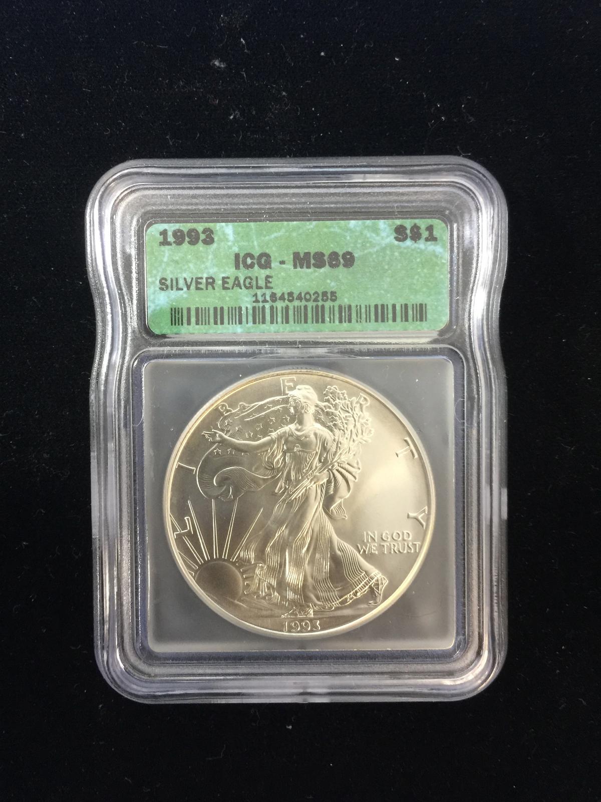 1993 ICG MS69 RARE American Silver Eagle 1 Ounce .999 Fine Silver Bullion Coin