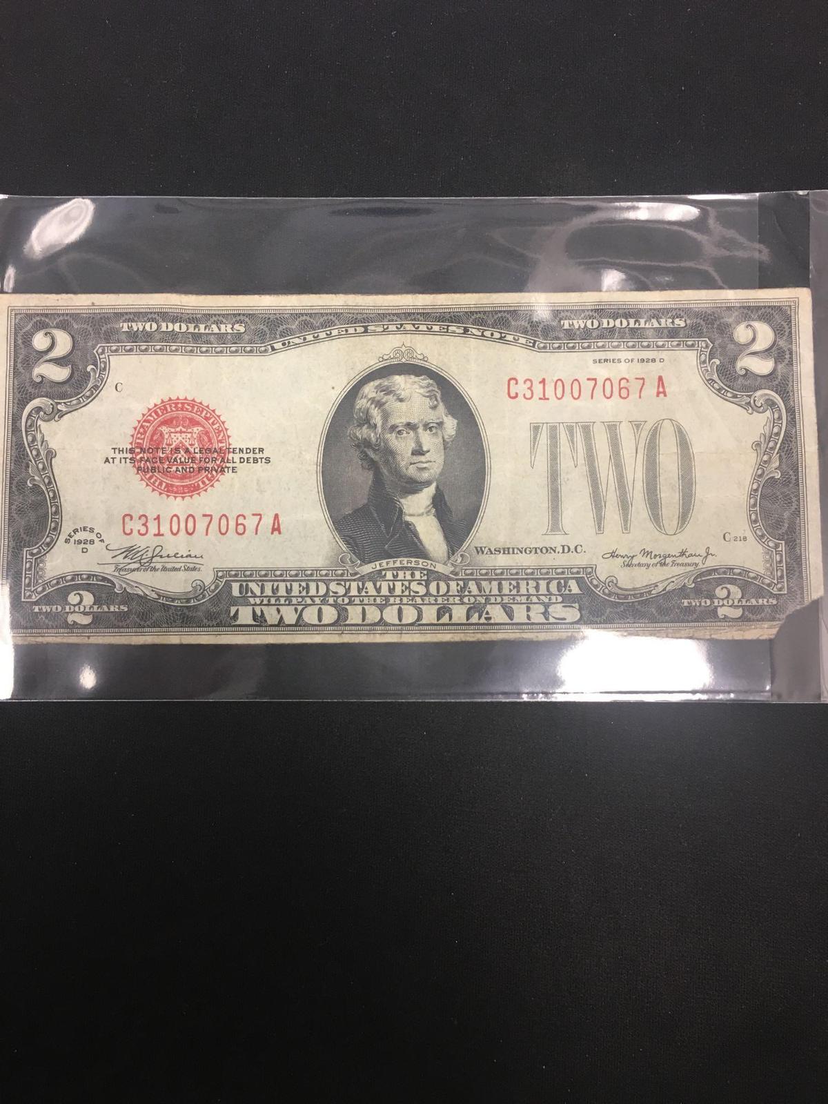 1928-D United States Jefferson $2 Red Seal Bill Currency Note