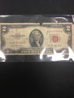 1953 United States Jefferson $2 Red Seal Bill Currency Note