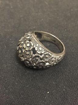 High Dome Bed of Flowers Designed Sterling Silver Ring Band - Size 7