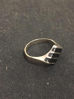 Triple Diagonal Onyx Inlaid Sterling Silver Ring Band - Size 5
