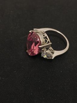 Large Pear Faceted 18x14 Pink Topaz w/ White Pear Accents Sterling Silver Ring Band - Size 7