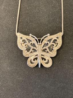 Vintage Styled Enameled Diamond Accented 1.5x1.25" Sterling Silver Butterfly Pendant w/ 18" Chain-10