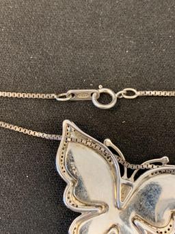 Vintage Styled Enameled Diamond Accented 1.5x1.25" Sterling Silver Butterfly Pendant w/ 18" Chain-10
