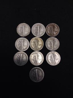 Lot of 10 US Mercury 90% Silver Dimes - $1 Face Value
