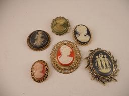 Lot of 6, Vintage Cameo Brooches