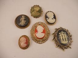 Lot of 6, Vintage Cameo Brooches