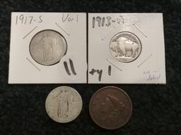 1833 Large Cent, 1917-S Variety 1 Standing Liberty Quarter, 1917 Variety 1 Quarter, and 1913-D Buffa