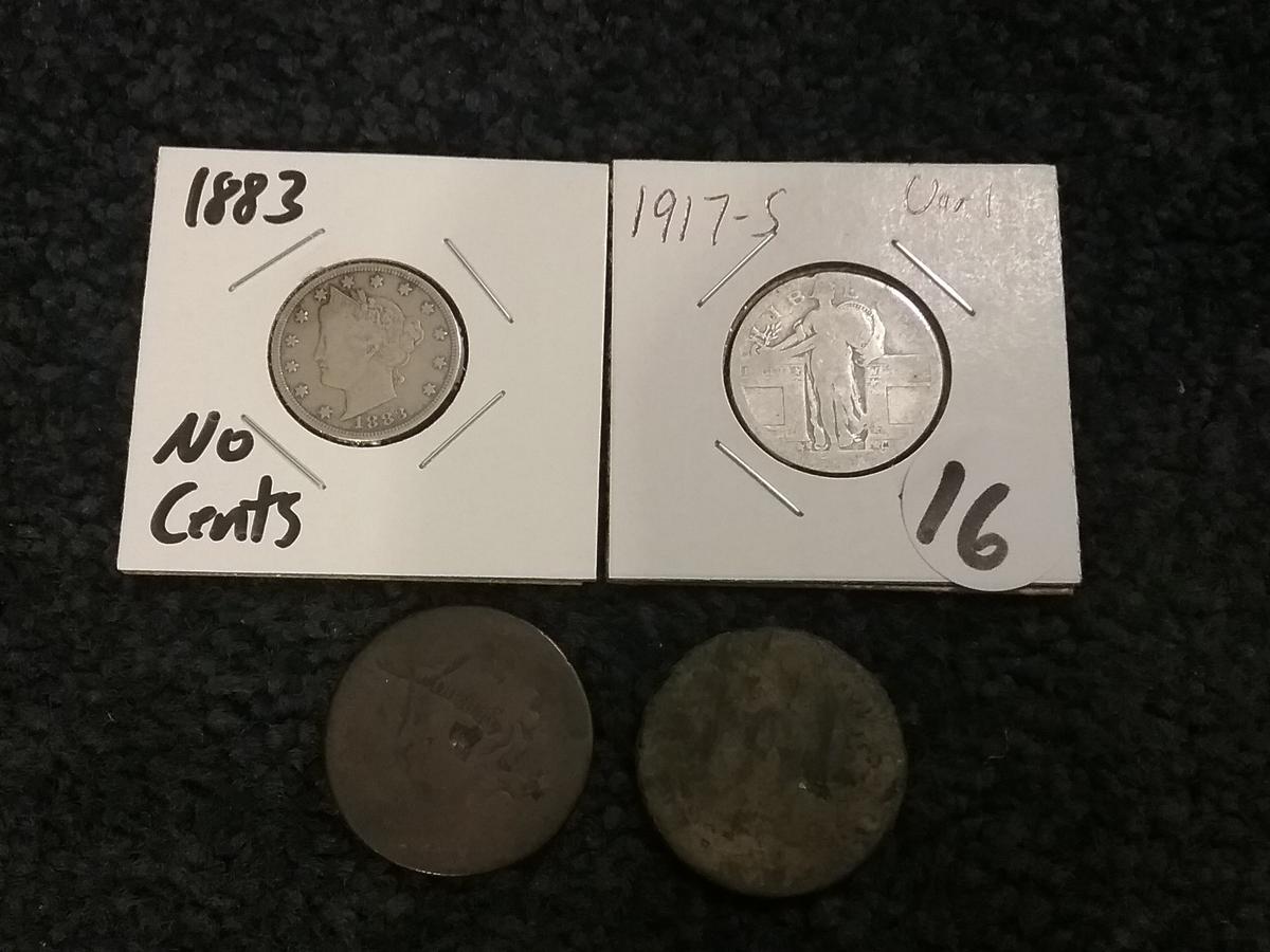 1883 no cents "V" nickel, 1917-S Var 1 Quarter and 2 mystery Large Cents
