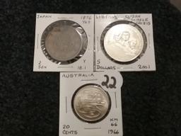 Liberia 2001 5 Dollar Prooflike, Australia 1966 20 cents, and Japan 1876 yr9 2 sen