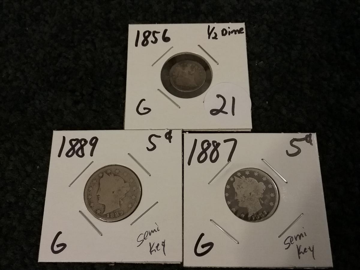 1887 and 1889 Liberty "V" Nickels (both semi-key) and a 1856 Seated Half-Dime