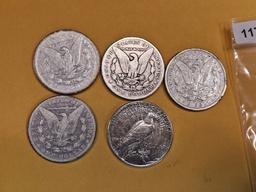 Five Mixed Silver Dollars