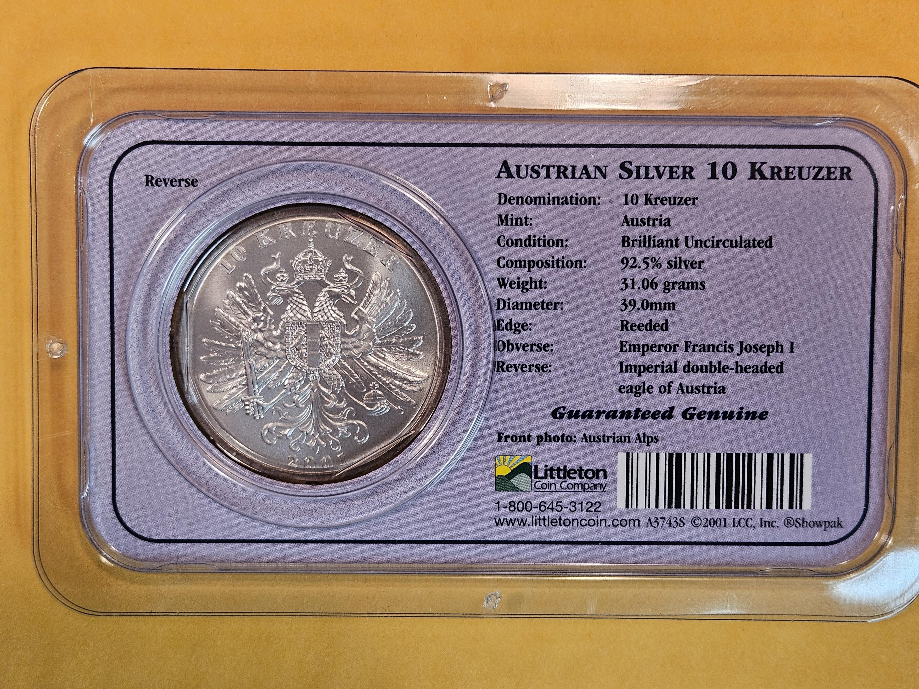 GEM Brilliant Uncirculated 2001 Austrian Silver 10 kreuzer
