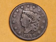 Overdate! 1819/8 Coronet Head large Cent in Good