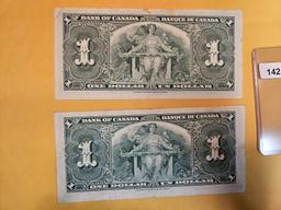 Two nice 1937 Bank of Canada One Dollar Notes