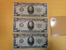 Three $20 Federal Reserve Notes
