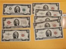 Eight mixed Two Dollar Notes