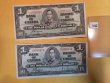 Two nice 1937 Bank of Canada One Dollar Notes