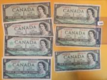 Seven nice Bank of Canada One Dollar notes