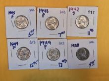 Six nicer mixed Jefferson Nickels