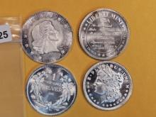 Four 1 Troy Ounce .999 fine silver art rounds