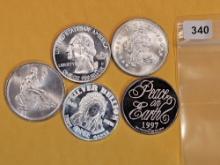 Five 1 Troy ounce .999 silver proof art rounds